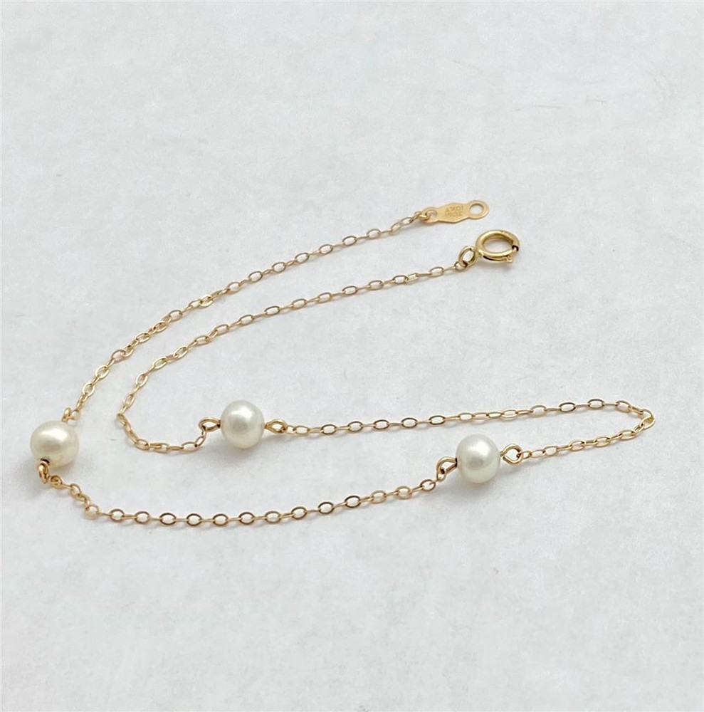 10K Yellow Gold Fine Chain Cultured 5MM Pearl Anklet 10