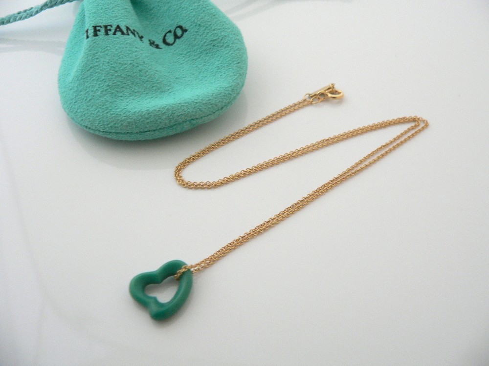 Tiffany & Co 18K Gold Turquoise Heart Necklace Gemstone Pendant Gift Pouch Love