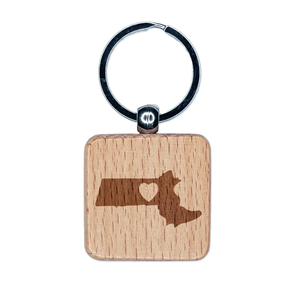 Massachusetts Heart Engraved Wooden Keychain Tag Charm  