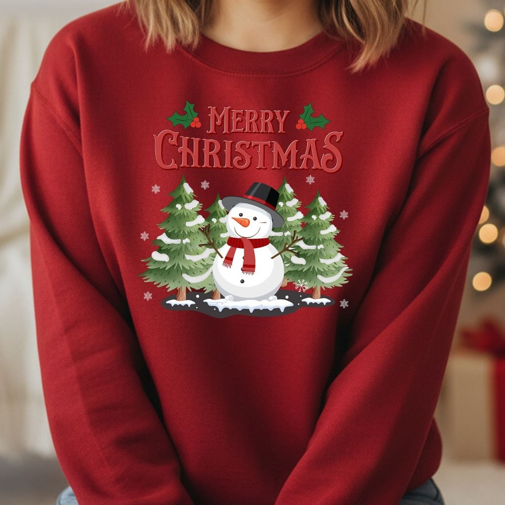 Merry Christmas Snowman Sweatshirt Printed Xmas Tree Holiday Gift Winter Jumper