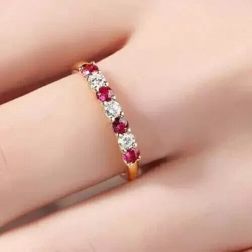 1CT Lab-Created Red Ruby Diamond Women's Ring in 14K Gold Plated Band  