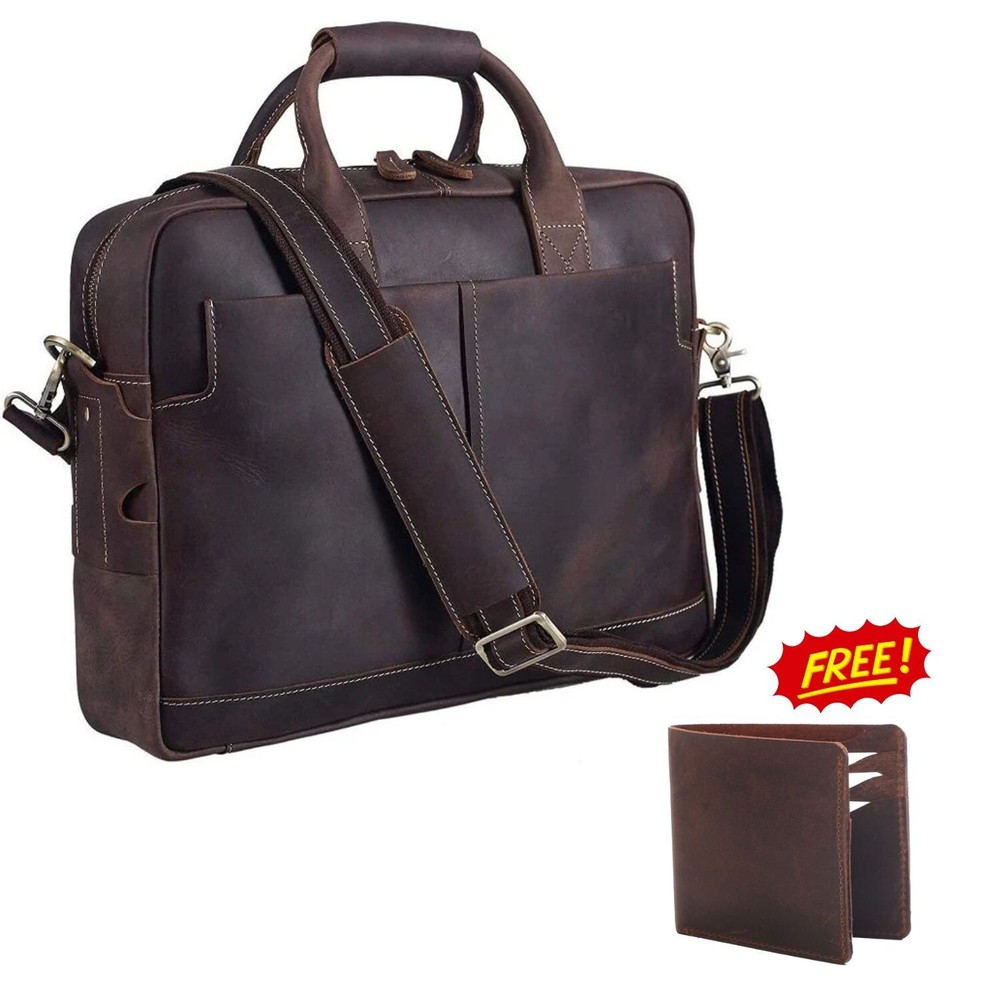 Maletín de cuero de grano completo premium para profesionales con billetera gratuita incluida