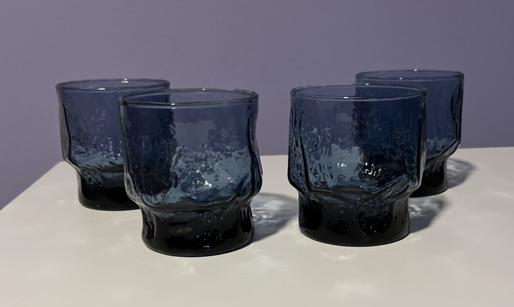 S/4 Libbey Normandy Blue Stone Textured Barware Lowball Vintage MCM Circa 1980's