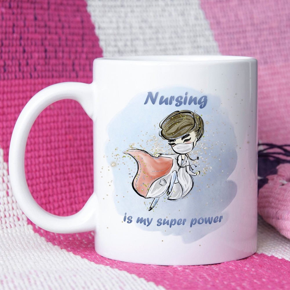 Nursing Superhero Mug - White Coffee Cup for Nurses with My Super Power Is Nursing Design  