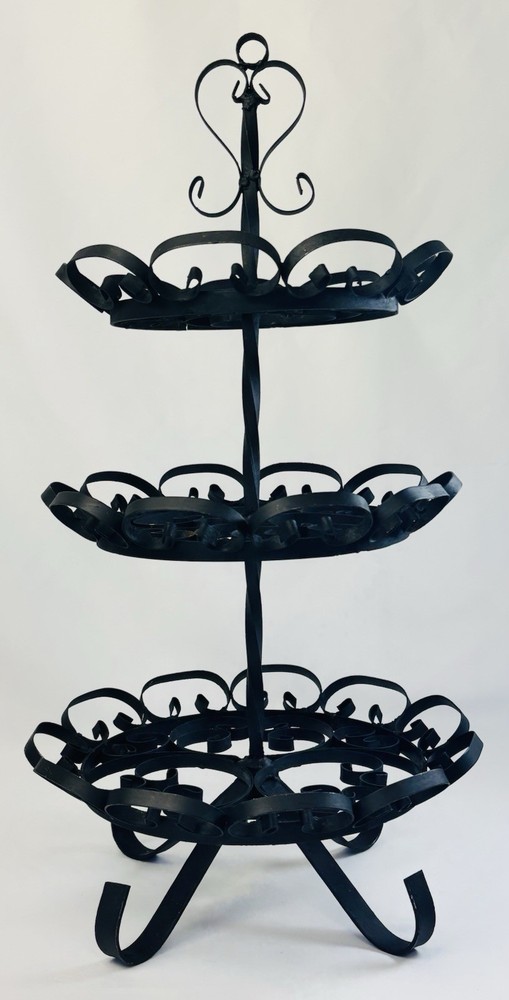 Vintage Wrought Iron 3-Tier Twisted Metal Scroll Dessert Stand 24”