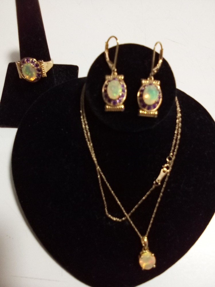 BRAND NEW WELO OPAL AMETHYST JEWELRY SET 14k GOLD NECKLACE, SS/GOLD OVERLAY RING