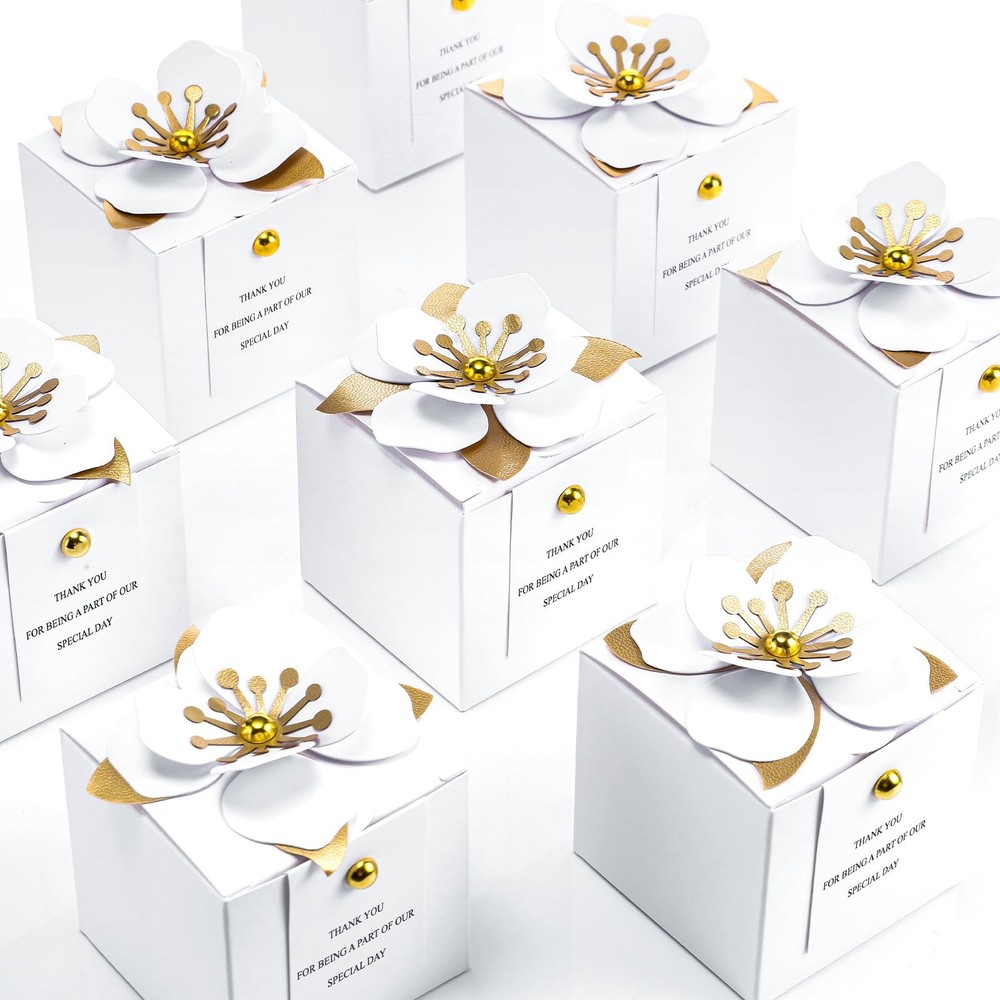 50-Piece Wedding Favor Box Set with Thanks Cards - Floral Square Paper Candy Boxes for Bridal Party Gifts