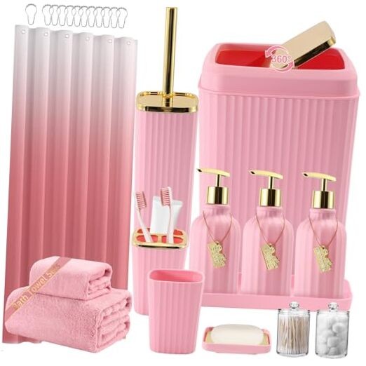 32PCS Bathroom Accessories Set Bathroom Bath Set+Shower Curtain+Towel Set Pink