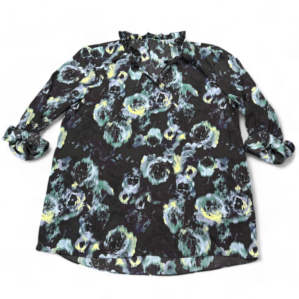 NWT Simply Vera Wang Blouse Top Womens Size Medium Black Green Floral Lightweigh