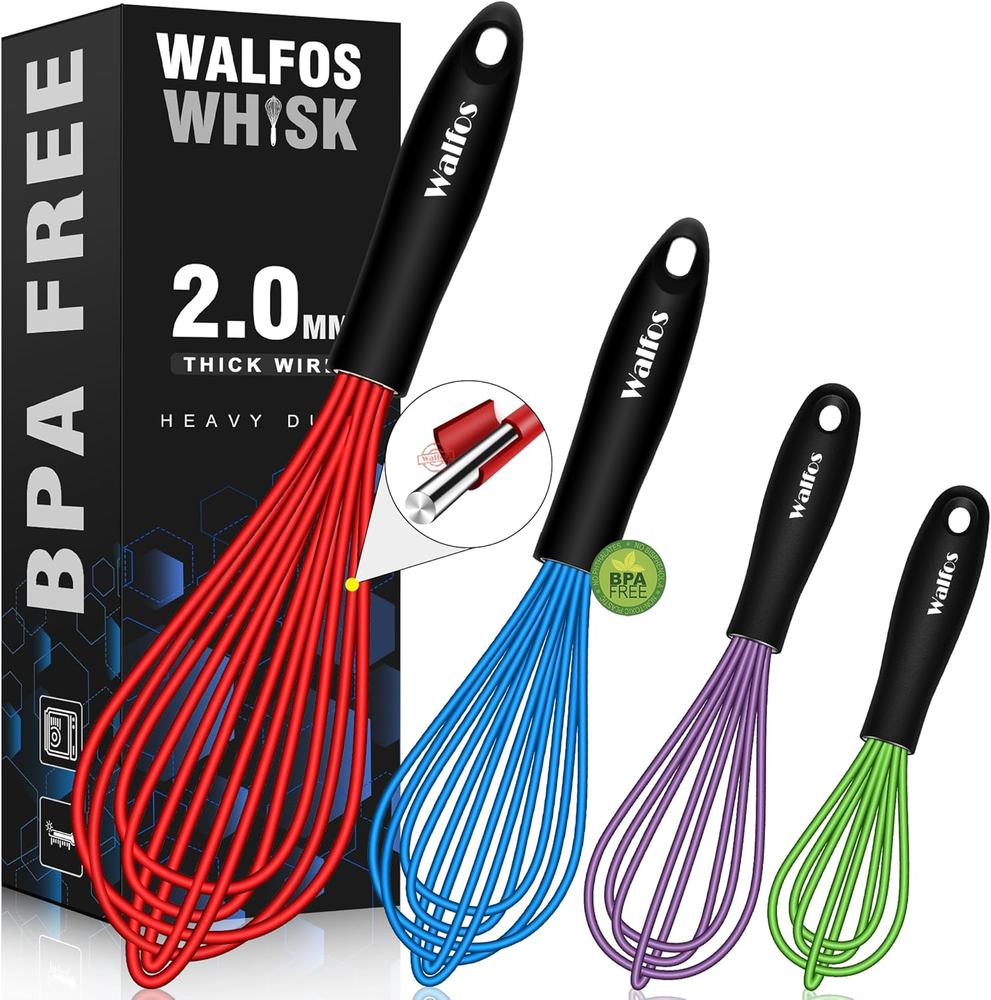 Walfos Whisk, Silicone Whisk Heat Resistant 480°F Kitchen Whisks Set of 4- For