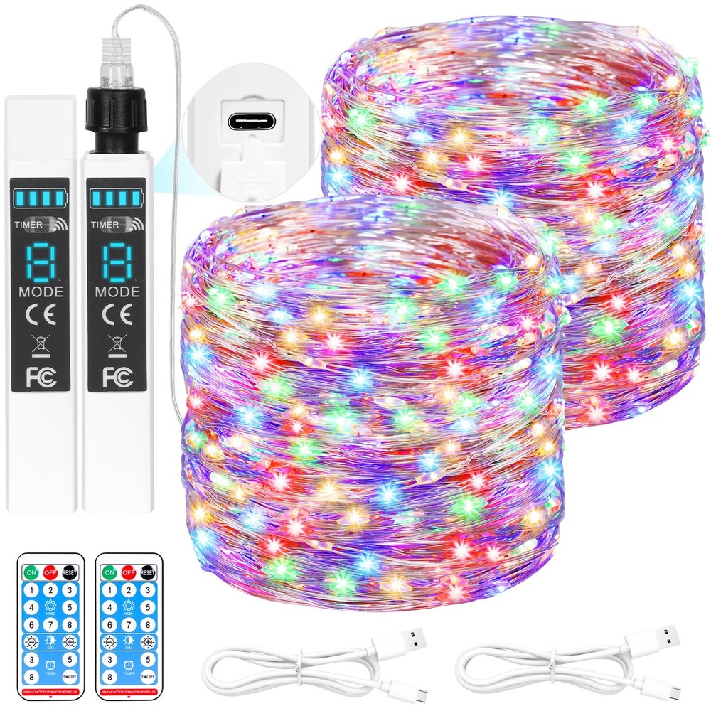 132FT Rechargeable Fairy Lights with 200 LEDs - Battery Operated String Lights for Decor