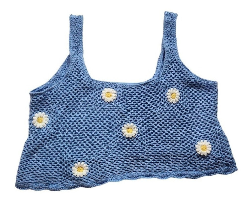 Hollister Crochet Top Women’s Large Daisy Blue Lined Cropped Knit