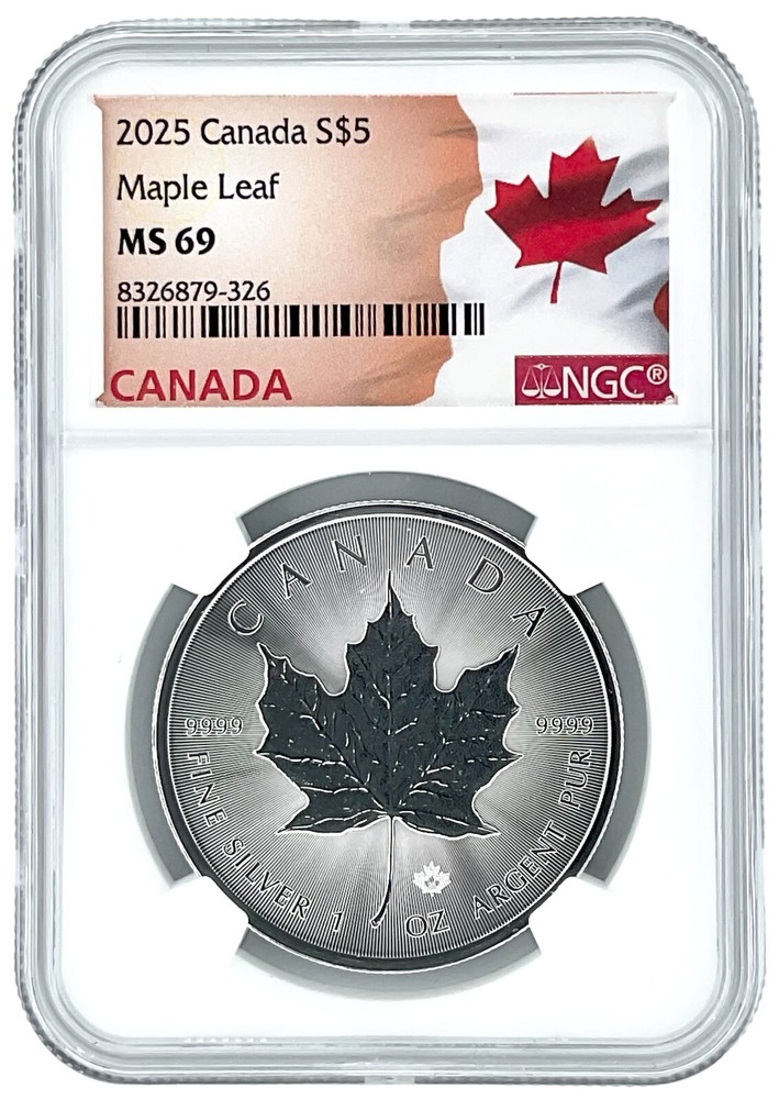 2025 Canada 1oz Silver Maple Leaf NGC MS69 White Core Flag Label