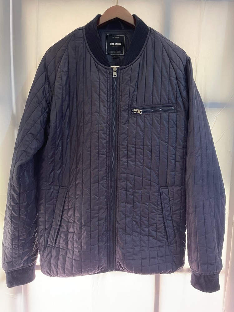 Only & Sons Liam Quilt Bomber Jacket Men’s L Blue Quilted Zip Up Pockets