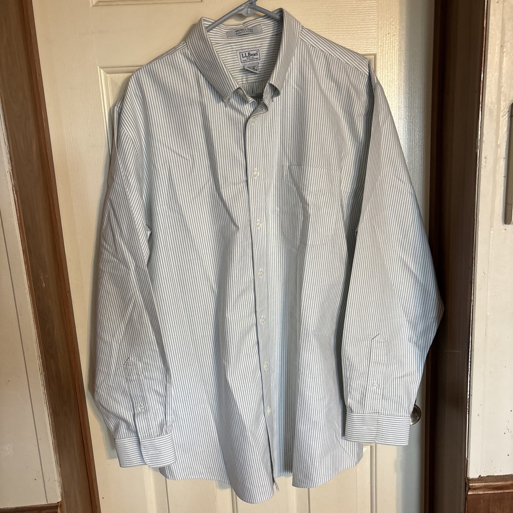 LL Bean Men's 17.5-33 Green Stripe Wrinkle-Resistant Long Sleeve Dress Shirt