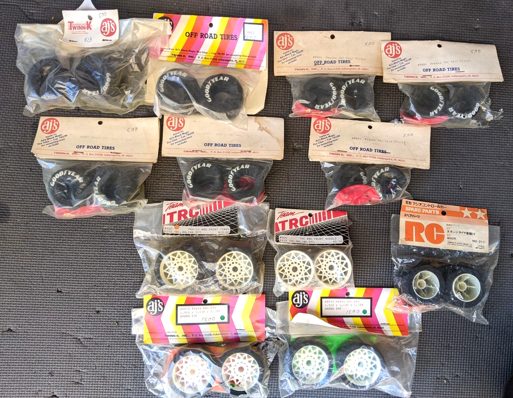 VTG NEW NIP RC CAR TIRES WHEELS LOT of 13 SETS TRC TAMIYA AJs BBS RIMS GOOD YEAR-image