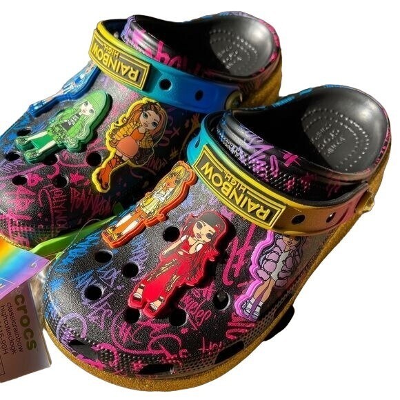 Crocs Rainbow High Clogs Gold Glitter Black Sparkle Shoes Kid Sz J6 Womens 8 NWT
