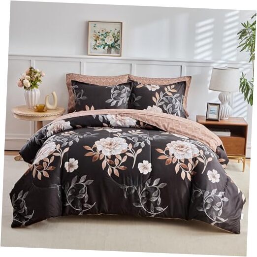 Queen Comforter Set- 7 Pieces Floral Bed in a Queen- 7 Pieces Floral Black