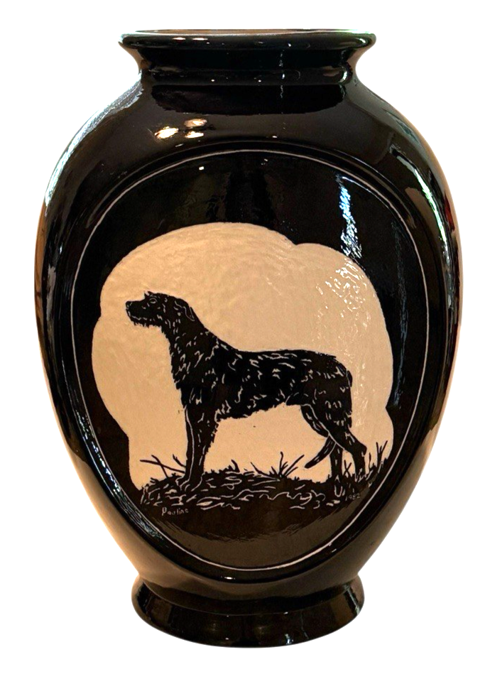 Black Cream Hound Dog Textured Vase by Pauline Hatcher Signed 1982
