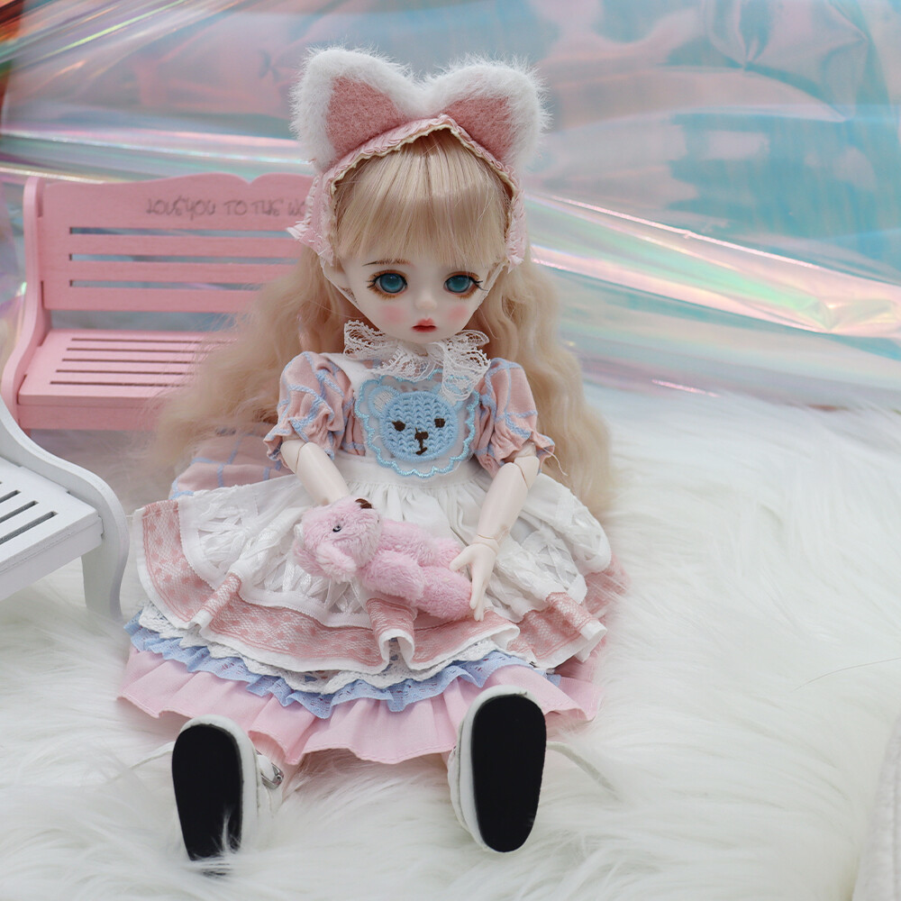 1/6 BJD Doll Full Set SD Ball Jointed Doll Girl with Eye Face Makeup Pink Dress