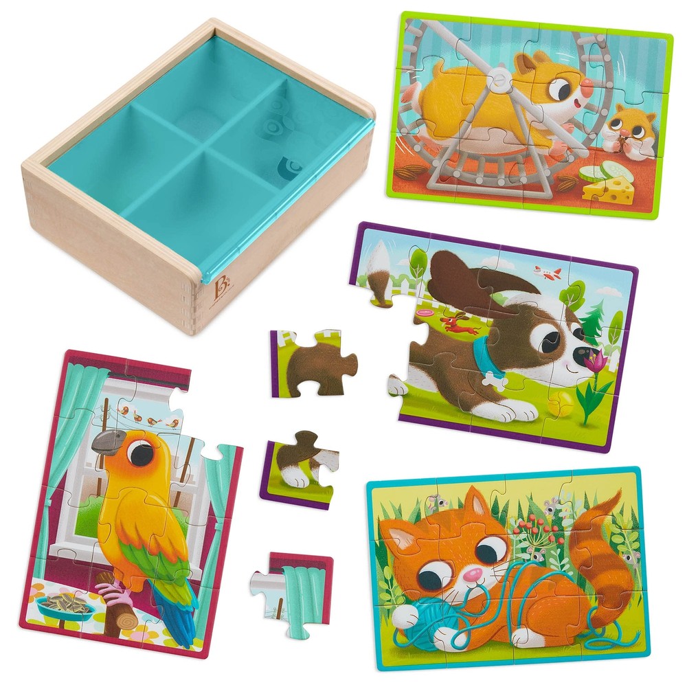B Toys Wooden Puzzle Set with 4 Animal Puzzles - Cat Dog Bird Hamster - 12 Pieces Each