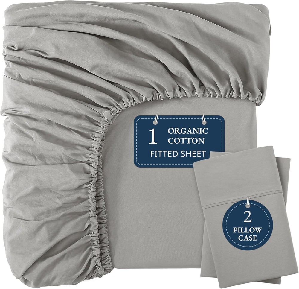 100% Organic Cotton Fitted Sheet Queen,Fully Elasticized Soft &Comfy Sustainably
