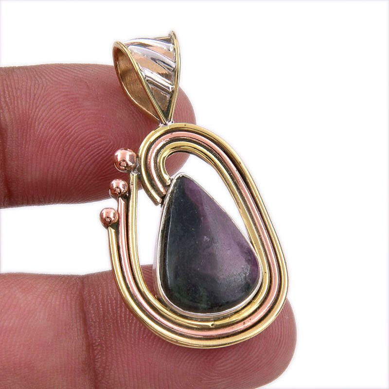 Ruby & Zoisite Lab-Created Gemstone 925 Sterling Silver Two-Tone Pendant 1.5 Inch  