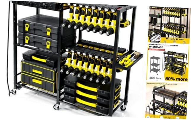 Garage Power Tool Organizer with Charging Station and 28 Drill Holder Rack