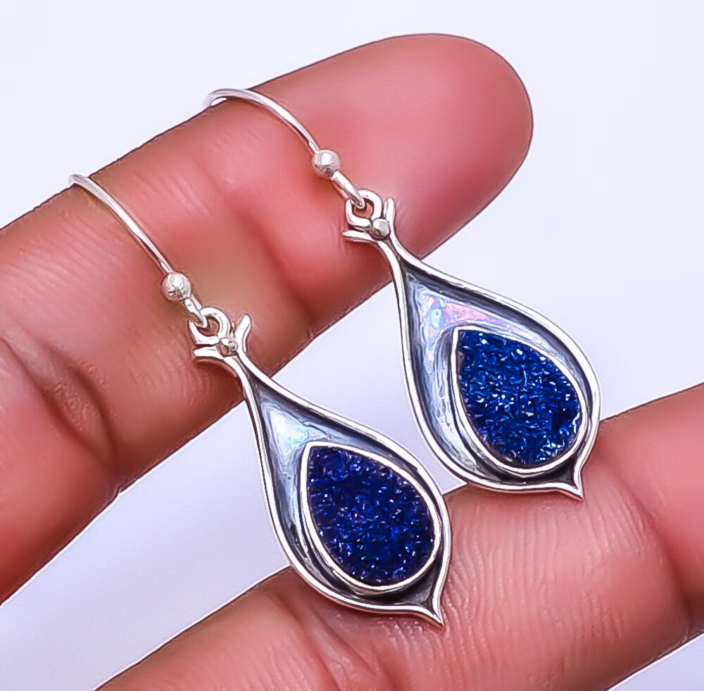 Electric Blue Titanium Agate Drusy 925 Sterling Silver Bali Earring 1.64