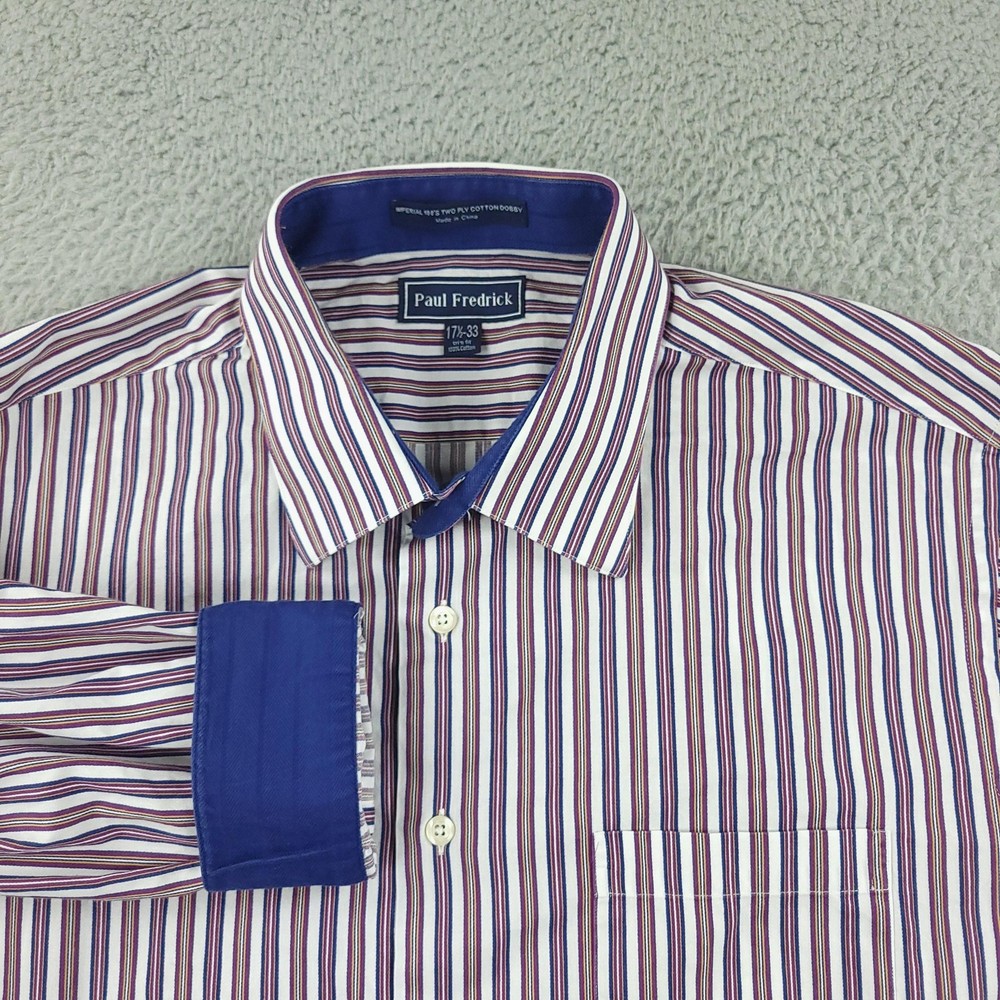 Paul Fredrick Dress Shirt Mens 17.5 33 White Blue Red Striped Trim Fit Cotton
