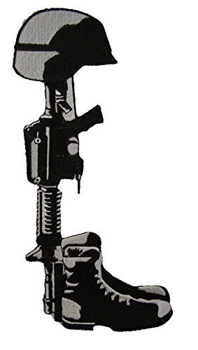 Large Combat Cross Memorial Patch Honoring Fallen Heroes with Boots Rifle Helmet