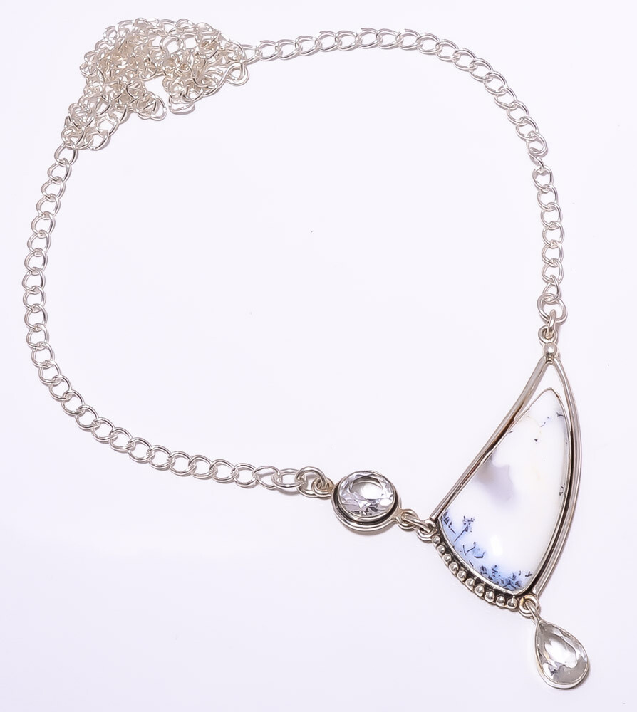 Dendritic Opal & White Topaz Gemstone 925 Sterling Silver Necklace 17.99