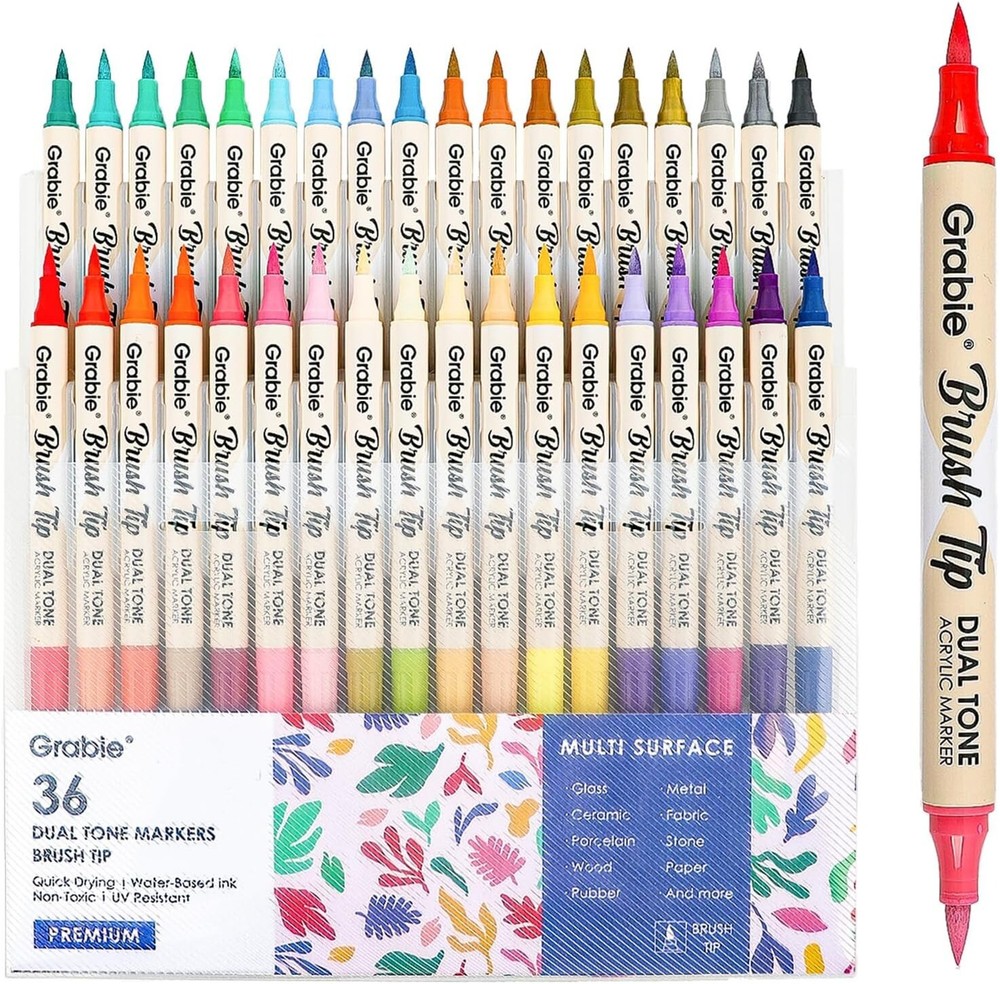 72-Color Dual-Tip Acrylic Paint Markers Set with 36 Brush Tips by Grabie