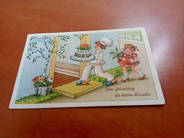 Postcard - Happy Birthday, Children with Cake and Flowers - 1951