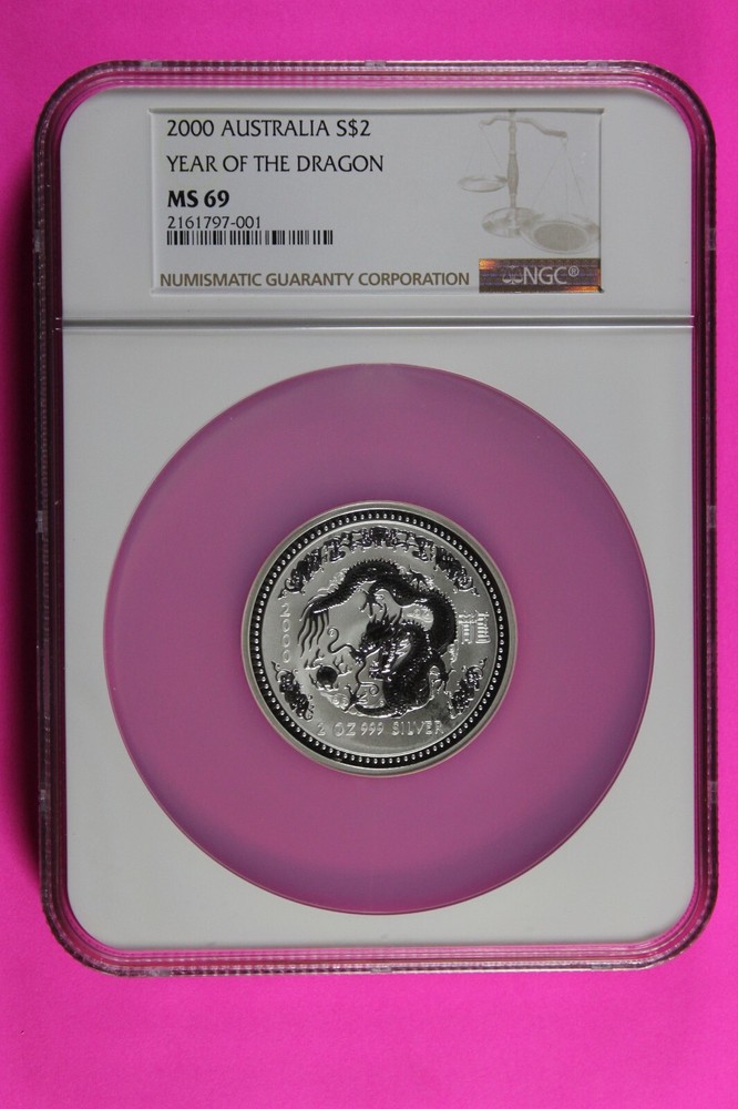 2000 MS 69 2 D Year Of The Dragon 2 OZ .999 Fine Silver Coin Australia NGC 7069