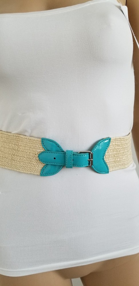 Aqua and Beige Plastic Elastic Belt