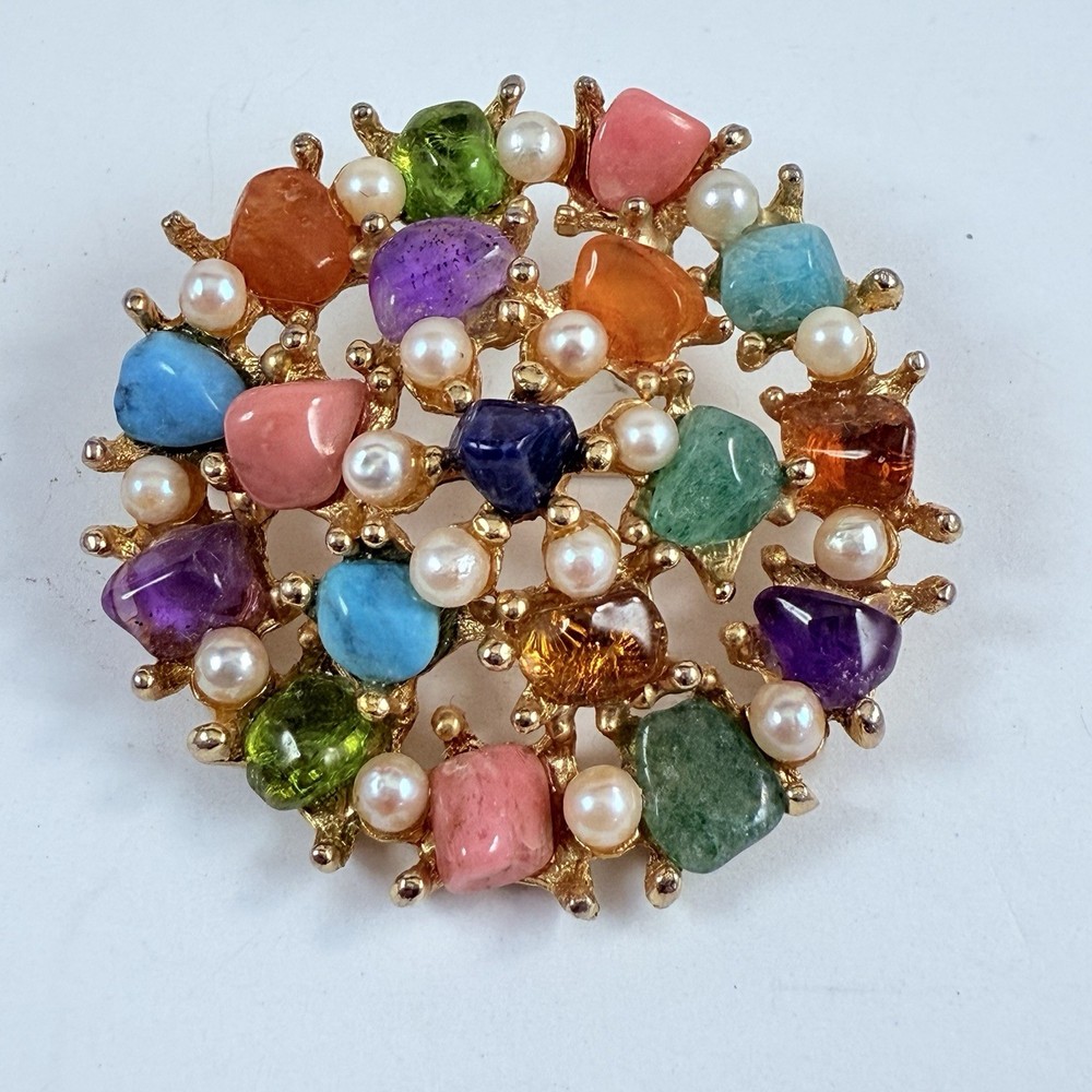 Vintage Gold Tone Brooch with Multi-Color Gemstones and Pearls