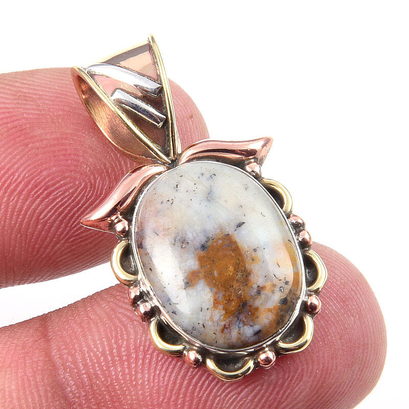 Natural Dendrite Opal Gemstone 925 Solid Sterling Silver TwoTone Pendant 1