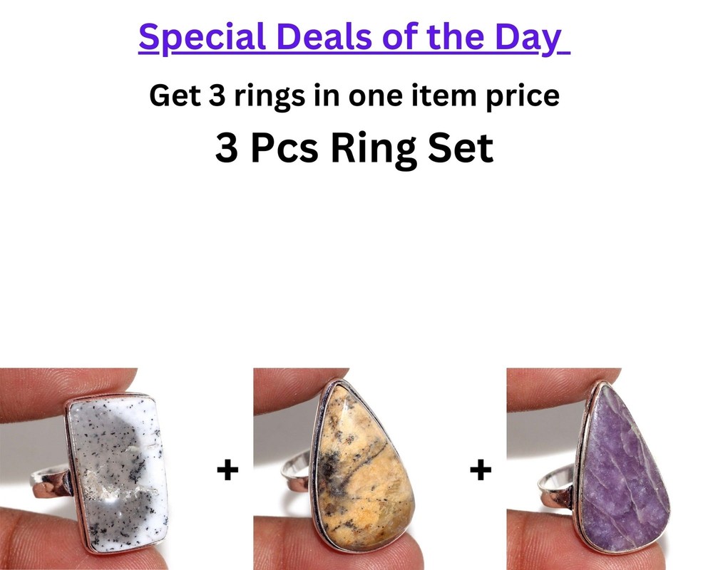 Opal Dendritic Lepidolite Ring Set 3 Pcs Combo US Size 8.5 JW Discount Deals