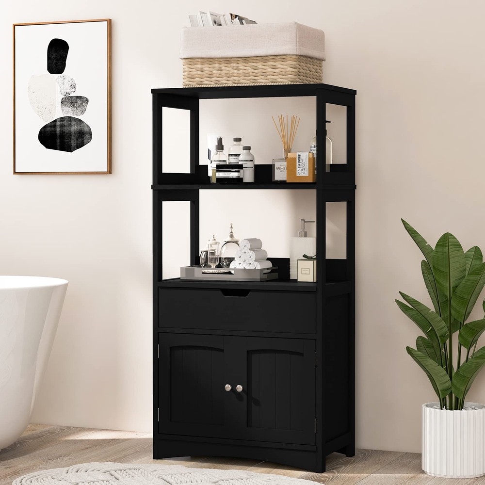 Freestanding Bathroom Storage Cabinet with Open Shelves and Drawer