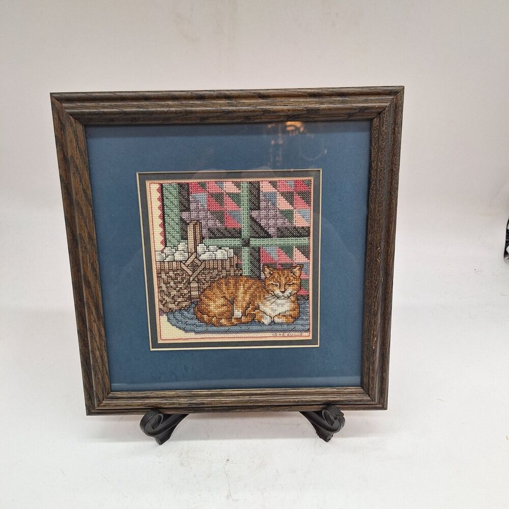 Kitty cat quilt basket framed cross stitch art handmade cute country cottage dec