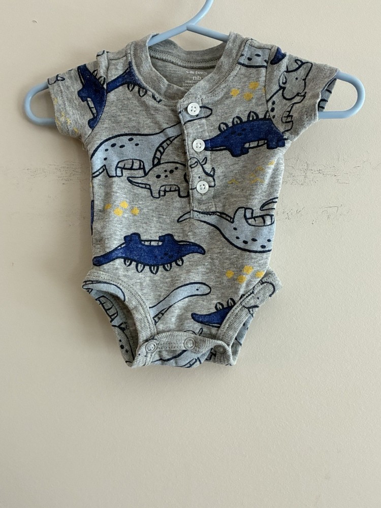 Carter's Baby Boy Blue Dinosaur 100% Cotton Henley Short Sleeve Bodysuit Gray NB