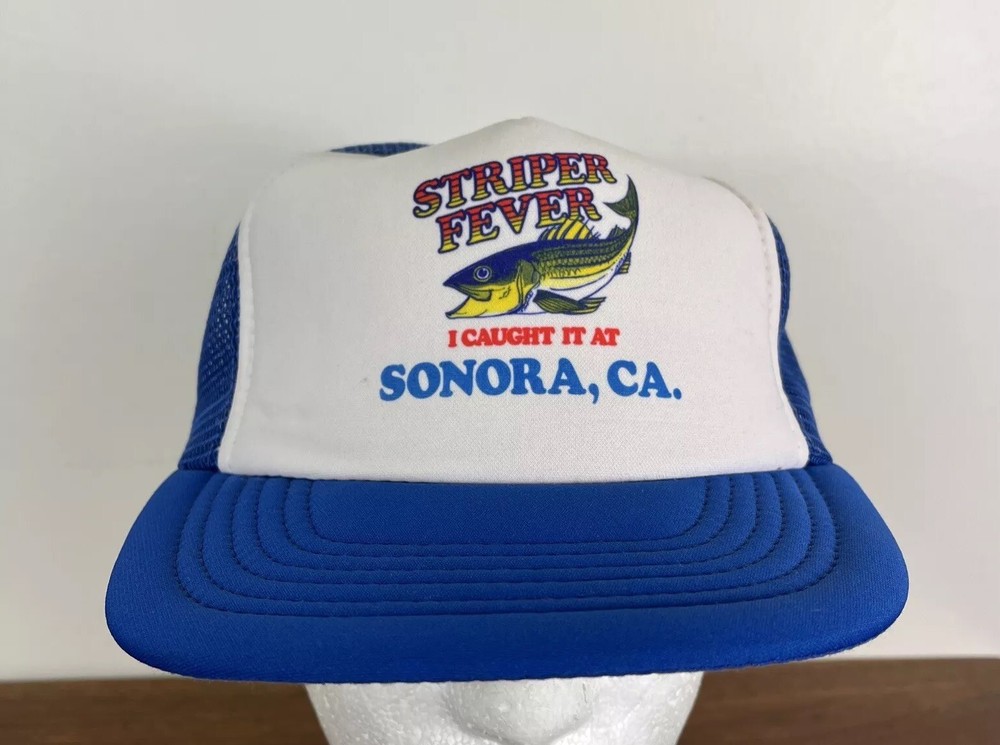 VTG Sonora CA Striped Fishing Fish Mesh Snapback Mesh Trucker Hat Striper Fever