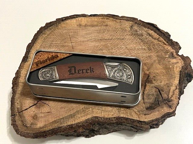 Custom Personalized Laser Engraved Prescott Wood Handle Folding Pocket Knife with Stainless Steel Blade