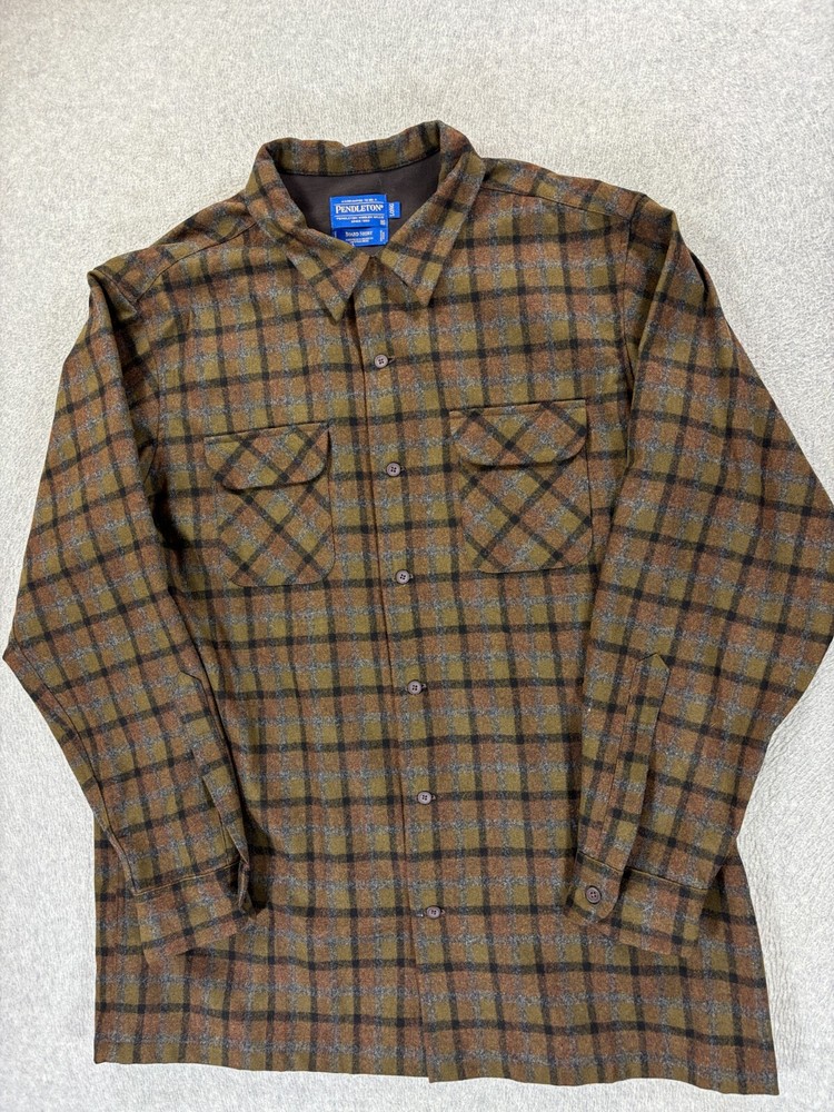Pendleton Plaid 100% Wool Button Down BOARD Shirt (Men's XL Long) Brown