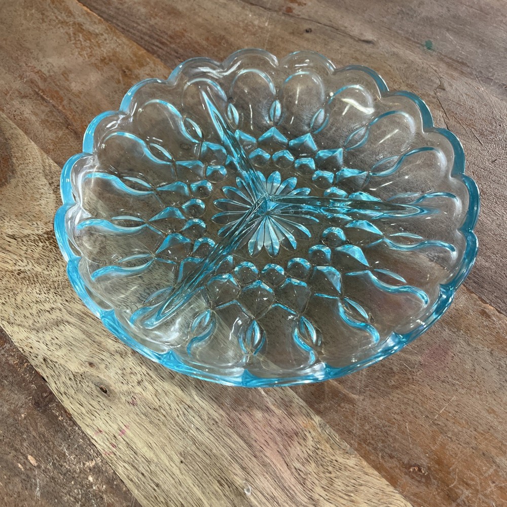 Anchor Hocking Fairfield Light Blue Divided Relish Dish 8.5” Diameter