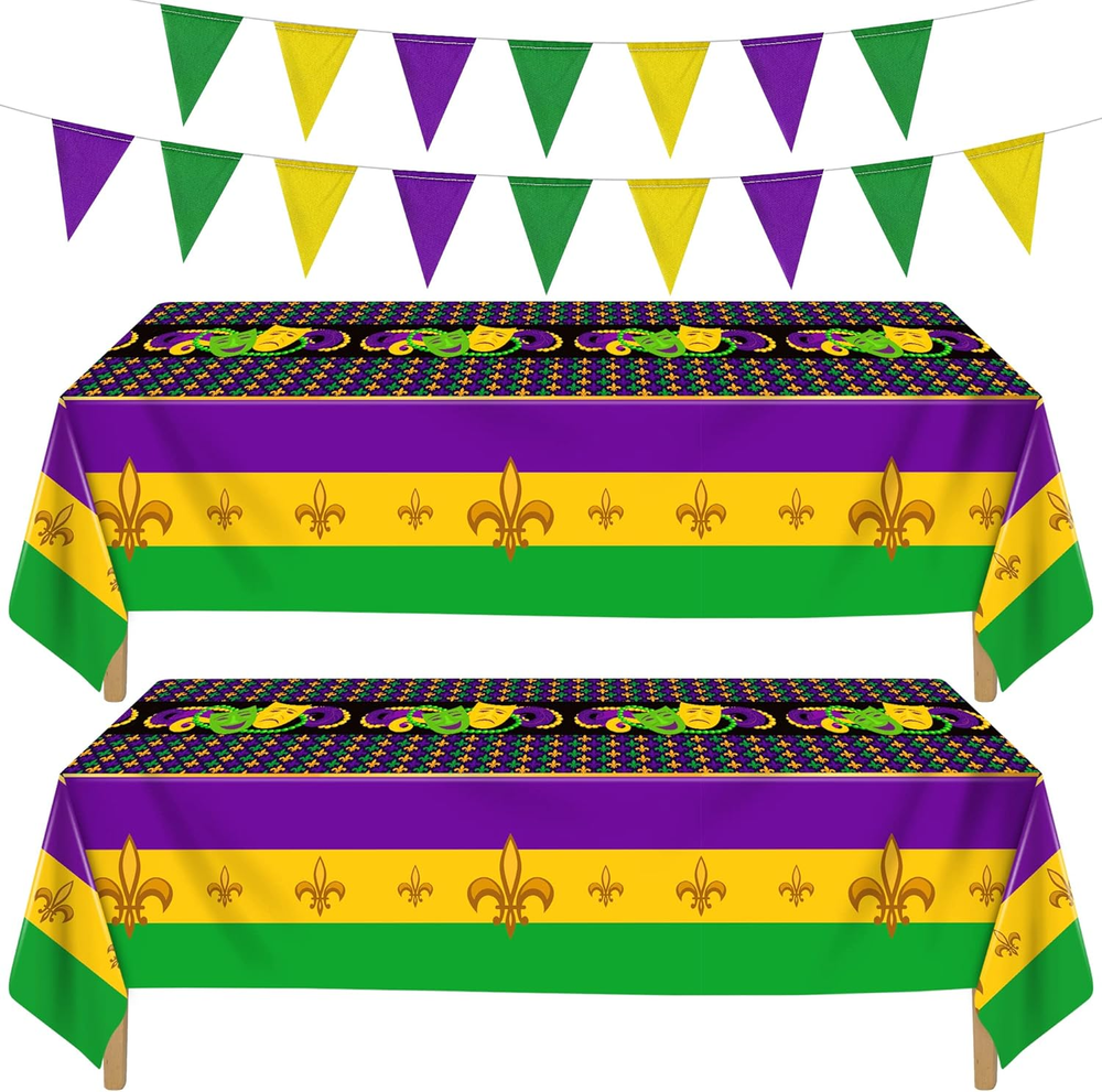 4 Pack Mardi Gras Plastic Tablecloth and Pennant Banner Set Include 2 Mardi Gras