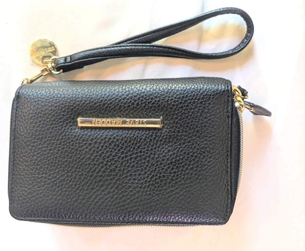 Steve Madden Black Wristlet Wallet Zip-Around Gold Accents Logo Women