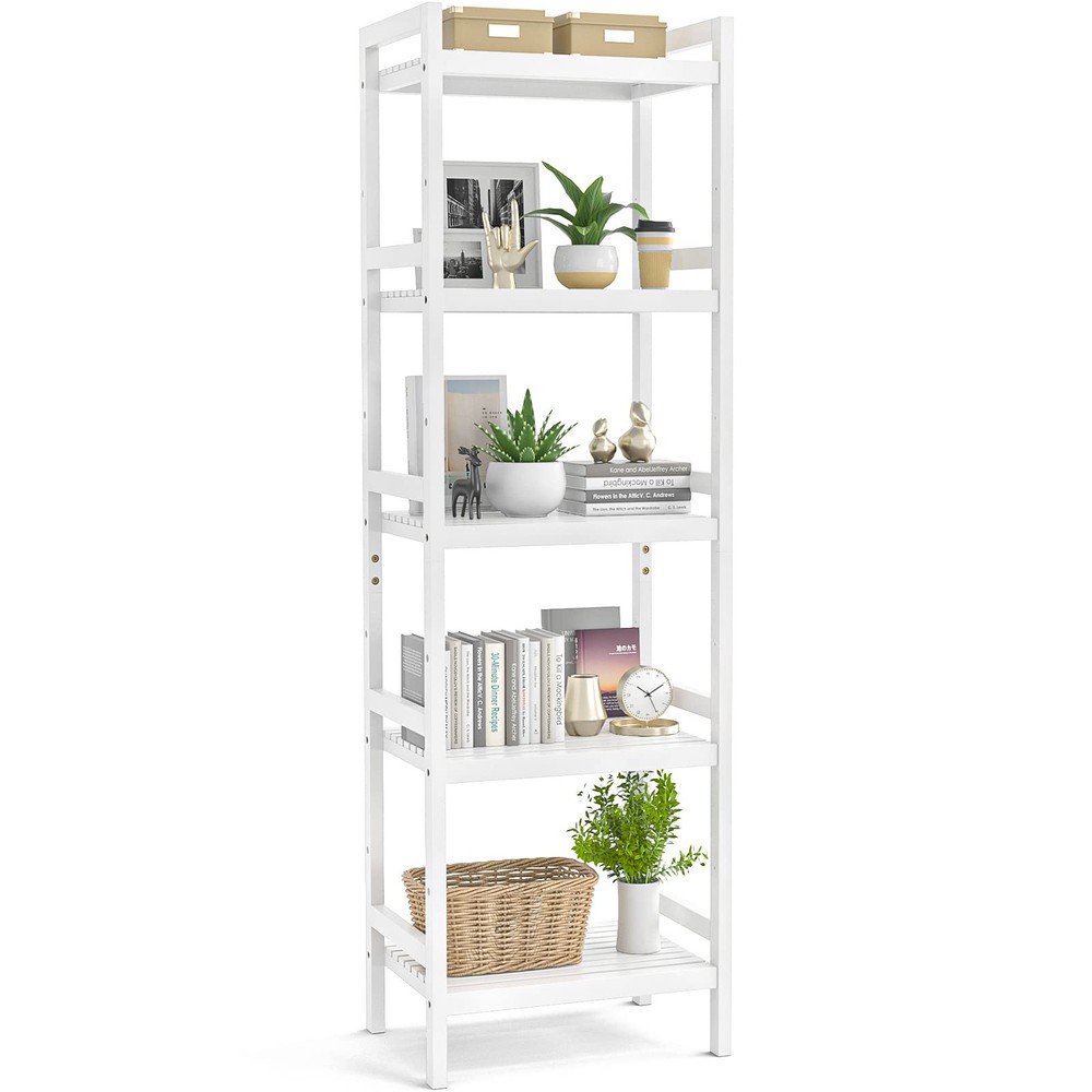 Bamboo Bookshelf, 5-Tier Narrow 55.9” Adjustable Book Shelf Bookcase Bathroom...