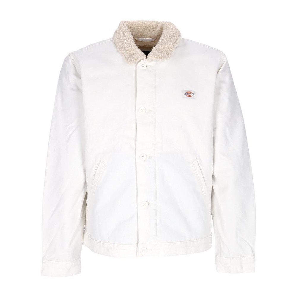 Dickies mens small -white sherpa lined button front trucker jacket logo accents